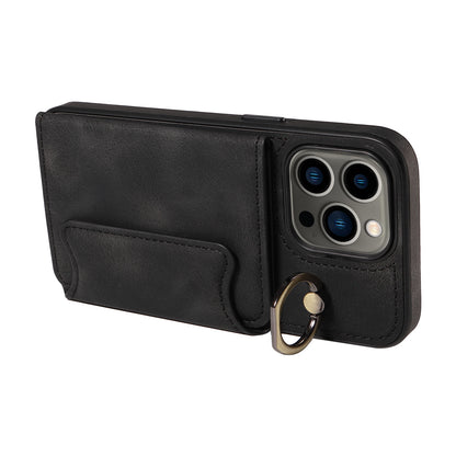 001 For iPhone 13 Pro 6.1 inch Card Holder PU Leather Coated TPU Cover Ring Kickstand Phone Case