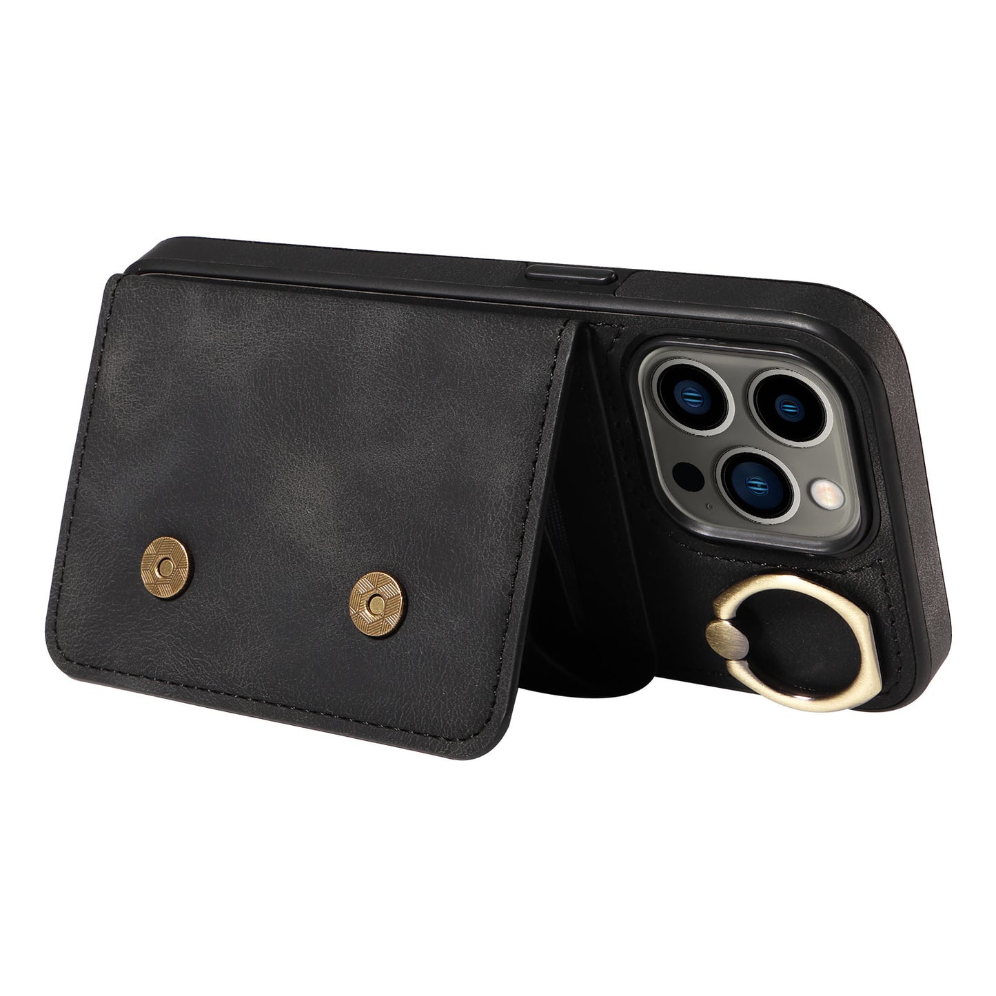 001 For iPhone 13 Pro 6.1 inch Card Holder PU Leather Coated TPU Cover Ring Kickstand Phone Case