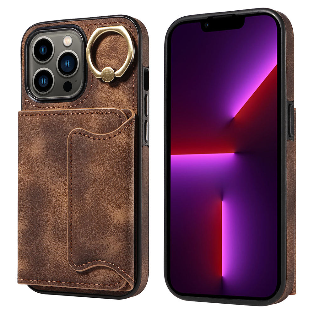 001 For iPhone 13 Pro 6.1 inch Card Holder PU Leather Coated TPU Cover Ring Kickstand Phone Case
