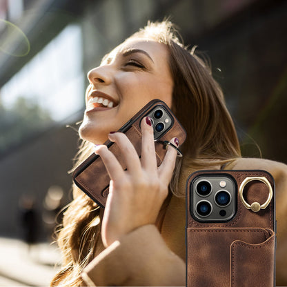 001 For iPhone 13 Pro 6.1 inch Card Holder PU Leather Coated TPU Cover Ring Kickstand Phone Case