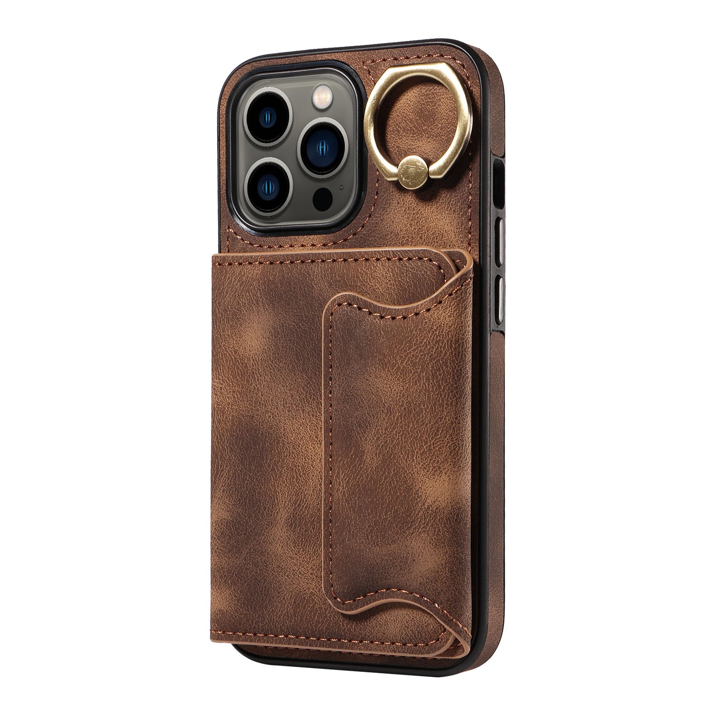 001 For iPhone 13 Pro 6.1 inch Card Holder PU Leather Coated TPU Cover Ring Kickstand Phone Case