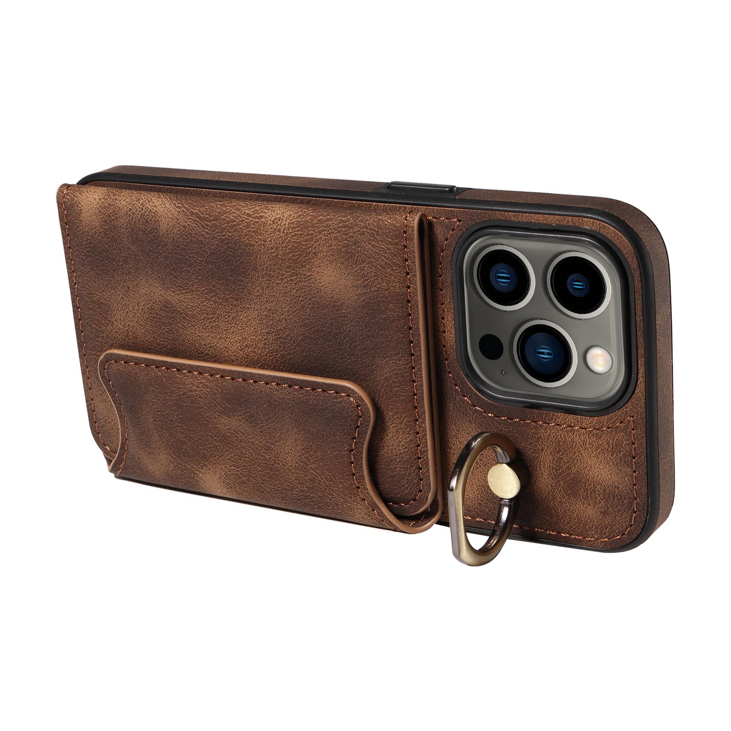 001 For iPhone 13 Pro 6.1 inch Card Holder PU Leather Coated TPU Cover Ring Kickstand Phone Case