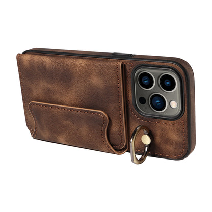 001 For iPhone 13 Pro 6.1 inch Card Holder PU Leather Coated TPU Cover Ring Kickstand Phone Case