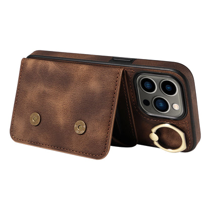 001 For iPhone 13 Pro 6.1 inch Card Holder PU Leather Coated TPU Cover Ring Kickstand Phone Case