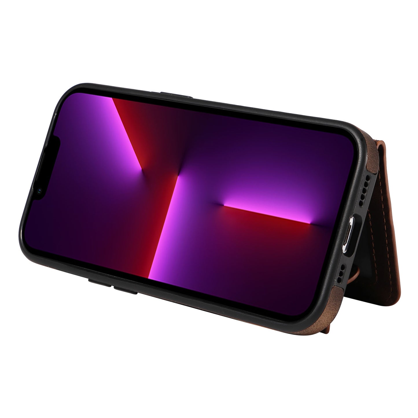 001 For iPhone 13 Pro 6.1 inch Card Holder PU Leather Coated TPU Cover Ring Kickstand Phone Case