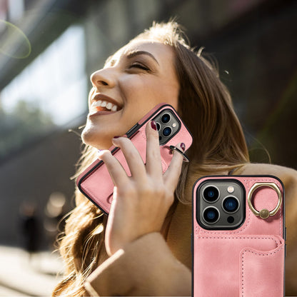 001 For iPhone 13 Pro 6.1 inch Card Holder PU Leather Coated TPU Cover Ring Kickstand Phone Case