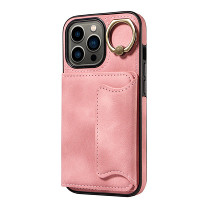 001 For iPhone 13 Pro 6.1 inch Card Holder PU Leather Coated TPU Cover Ring Kickstand Phone Case