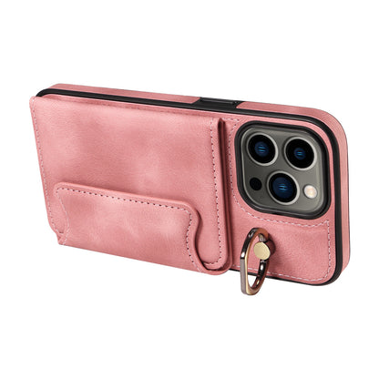 001 For iPhone 13 Pro 6.1 inch Card Holder PU Leather Coated TPU Cover Ring Kickstand Phone Case