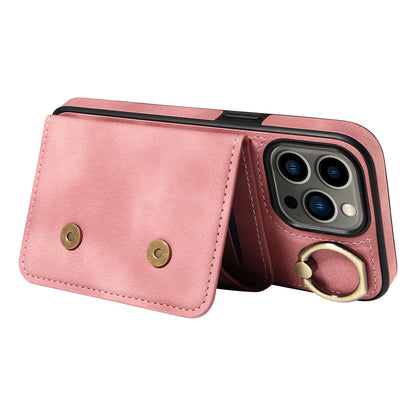 001 For iPhone 13 Pro 6.1 inch Card Holder PU Leather Coated TPU Cover Ring Kickstand Phone Case