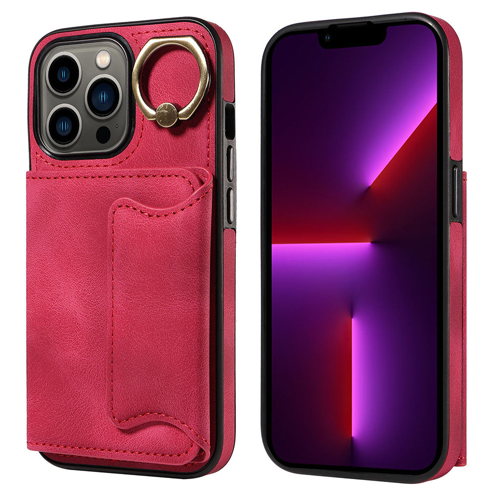 001 For iPhone 13 Pro 6.1 inch Card Holder PU Leather Coated TPU Cover Ring Kickstand Phone Case