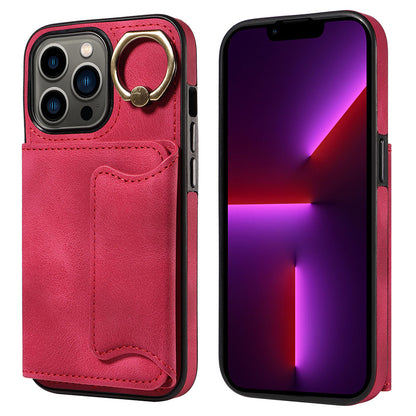 001 For iPhone 13 Pro 6.1 inch Card Holder PU Leather Coated TPU Cover Ring Kickstand Phone Case