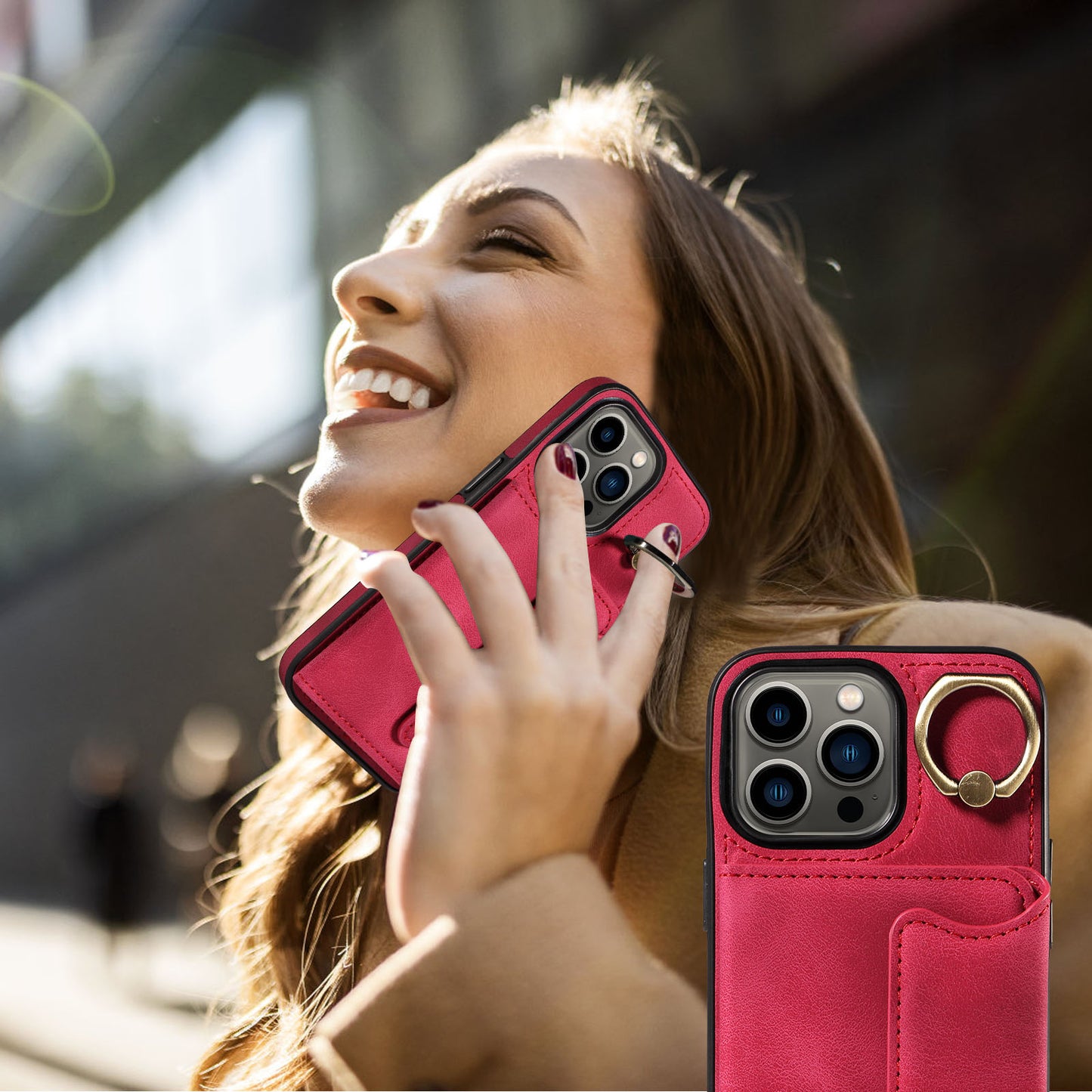 001 For iPhone 13 Pro 6.1 inch Card Holder PU Leather Coated TPU Cover Ring Kickstand Phone Case