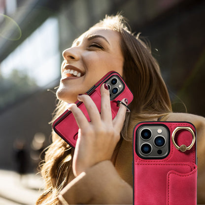 001 For iPhone 13 Pro 6.1 inch Card Holder PU Leather Coated TPU Cover Ring Kickstand Phone Case