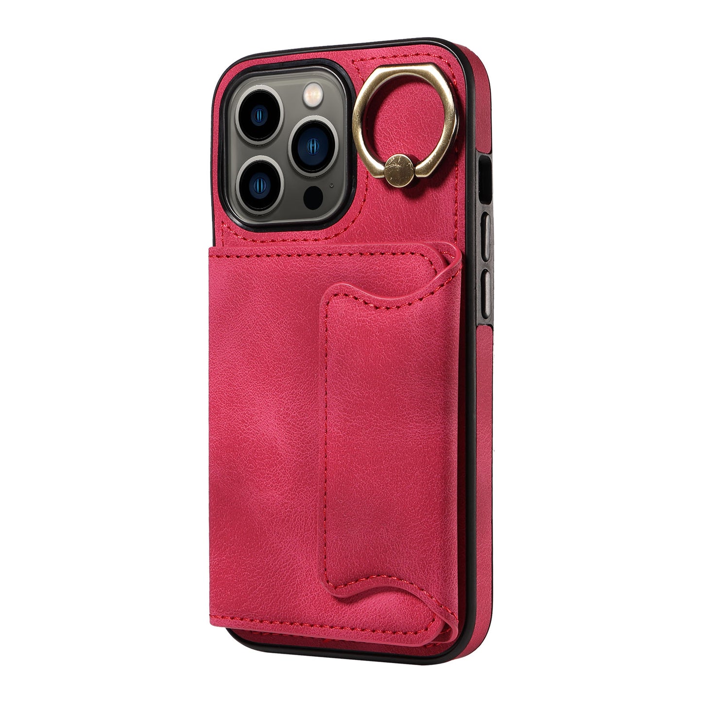 001 For iPhone 13 Pro 6.1 inch Card Holder PU Leather Coated TPU Cover Ring Kickstand Phone Case