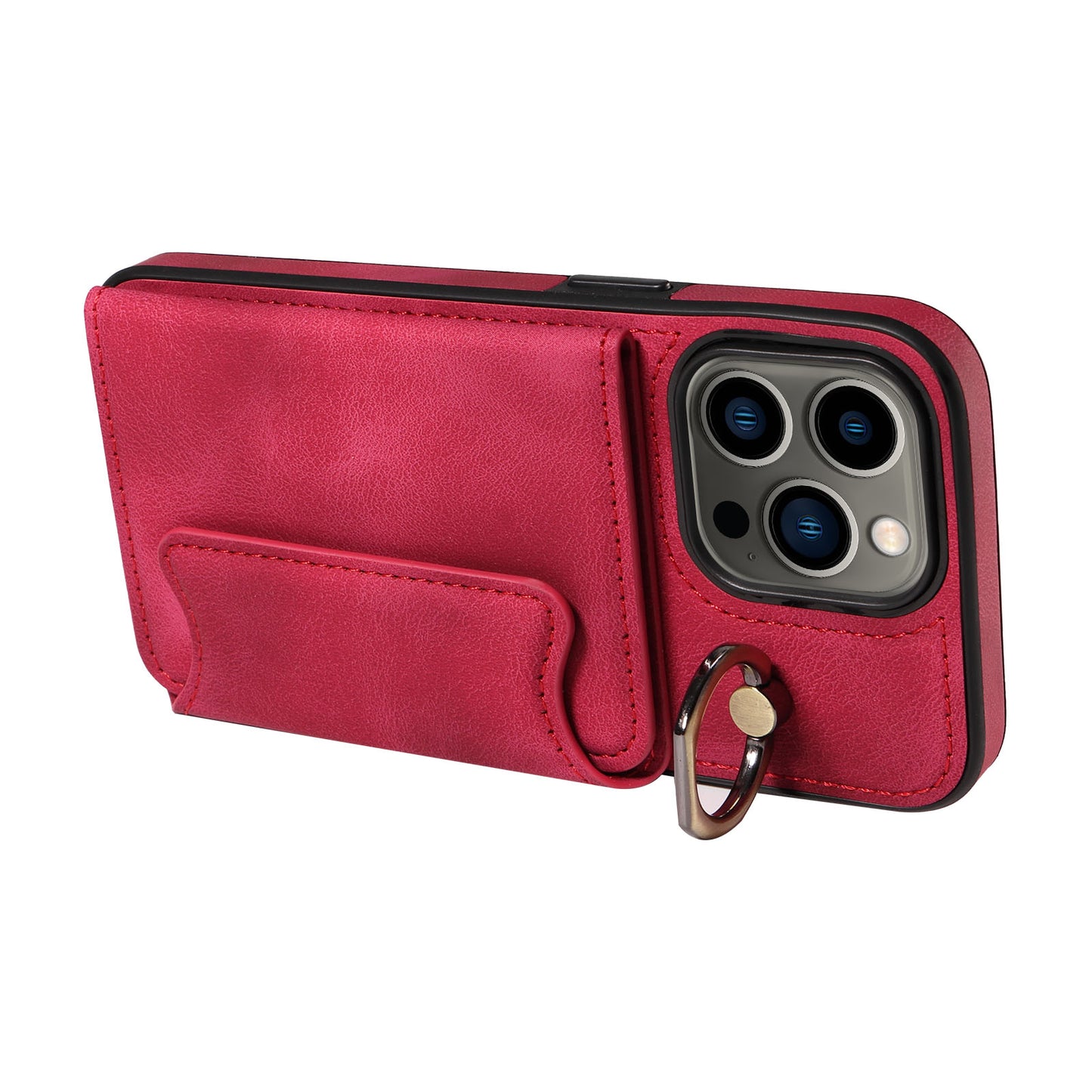 001 For iPhone 13 Pro 6.1 inch Card Holder PU Leather Coated TPU Cover Ring Kickstand Phone Case