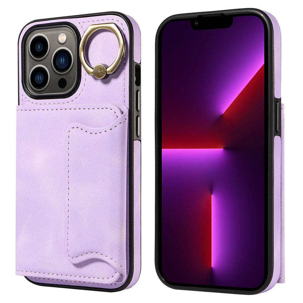 001 For iPhone 13 Pro 6.1 inch Card Holder PU Leather Coated TPU Cover Ring Kickstand Phone Case