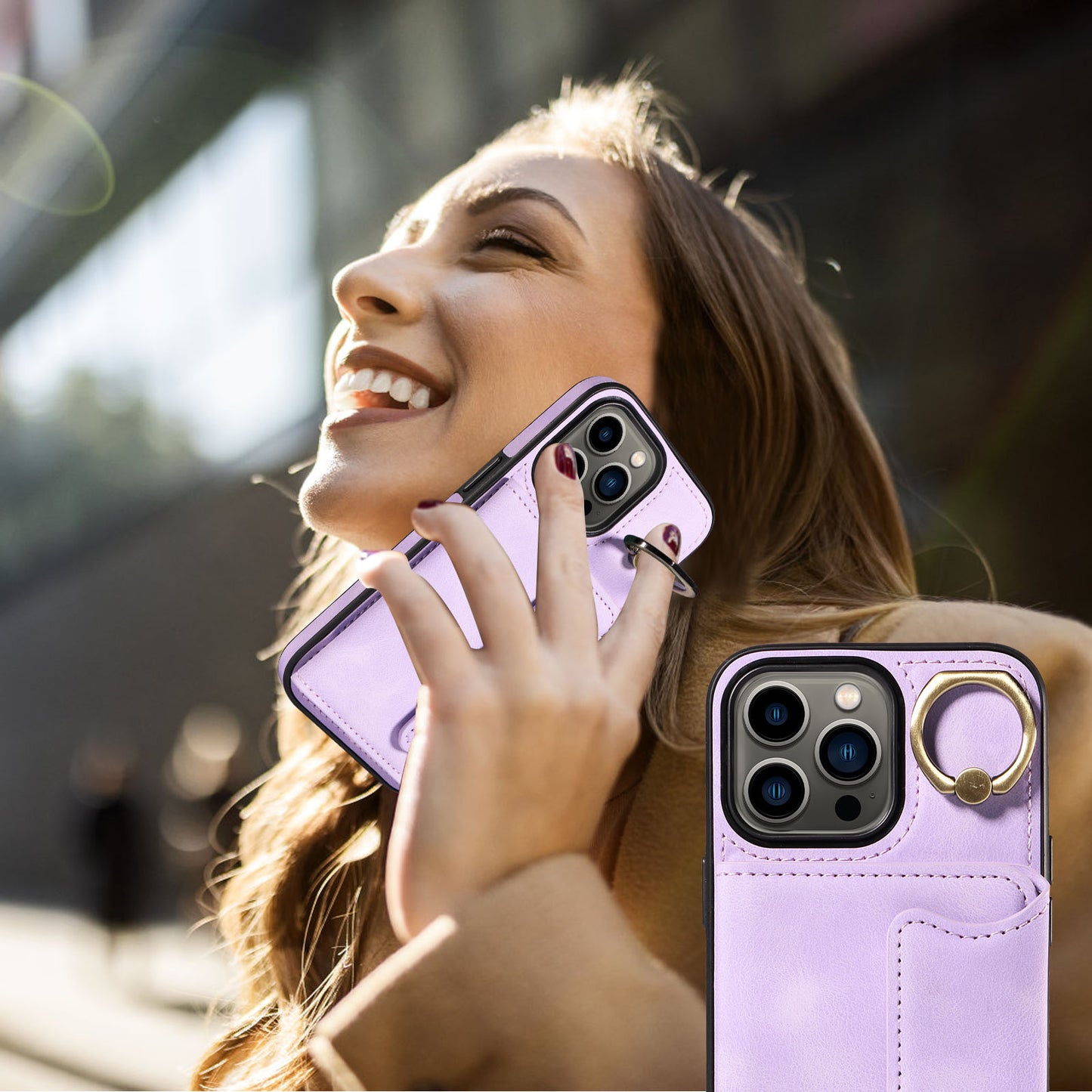 001 For iPhone 13 Pro 6.1 inch Card Holder PU Leather Coated TPU Cover Ring Kickstand Phone Case