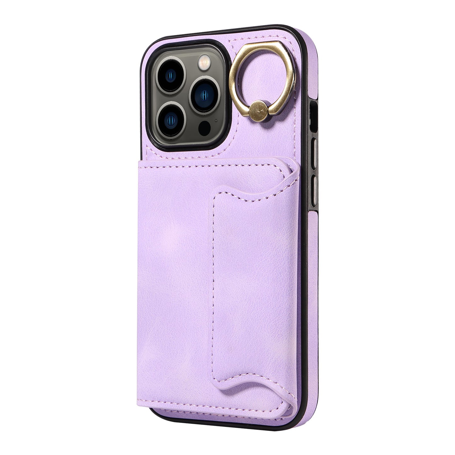 001 For iPhone 13 Pro 6.1 inch Card Holder PU Leather Coated TPU Cover Ring Kickstand Phone Case