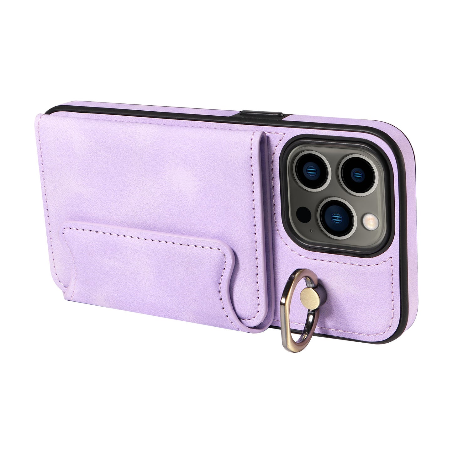 001 For iPhone 13 Pro 6.1 inch Card Holder PU Leather Coated TPU Cover Ring Kickstand Phone Case