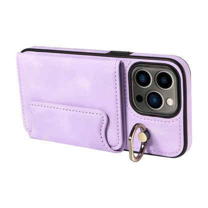 001 For iPhone 13 Pro 6.1 inch Card Holder PU Leather Coated TPU Cover Ring Kickstand Phone Case