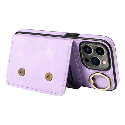 001 For iPhone 13 Pro 6.1 inch Card Holder PU Leather Coated TPU Cover Ring Kickstand Phone Case