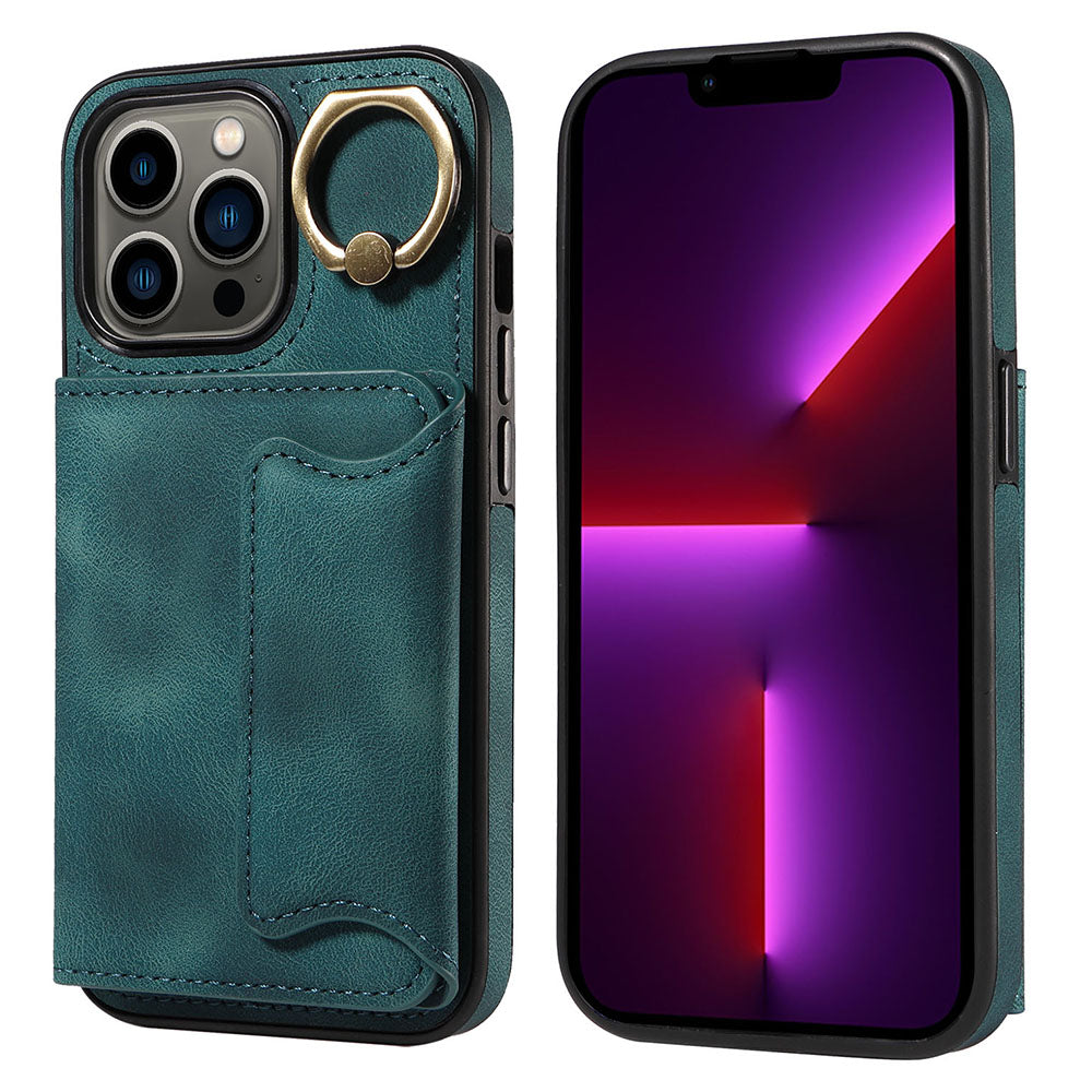001 For iPhone 13 Pro 6.1 inch Card Holder PU Leather Coated TPU Cover Ring Kickstand Phone Case