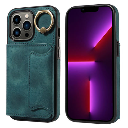 001 For iPhone 13 Pro 6.1 inch Card Holder PU Leather Coated TPU Cover Ring Kickstand Phone Case