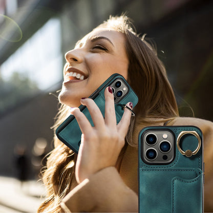 001 For iPhone 13 Pro 6.1 inch Card Holder PU Leather Coated TPU Cover Ring Kickstand Phone Case