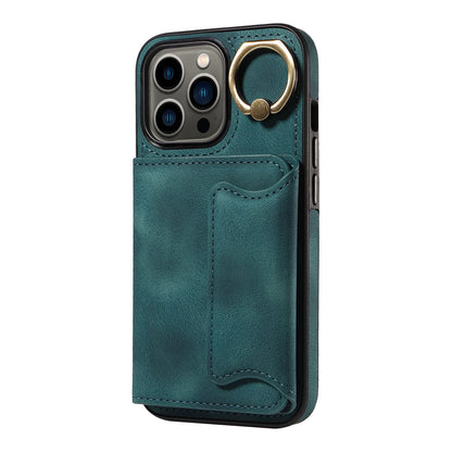 001 For iPhone 13 Pro 6.1 inch Card Holder PU Leather Coated TPU Cover Ring Kickstand Phone Case