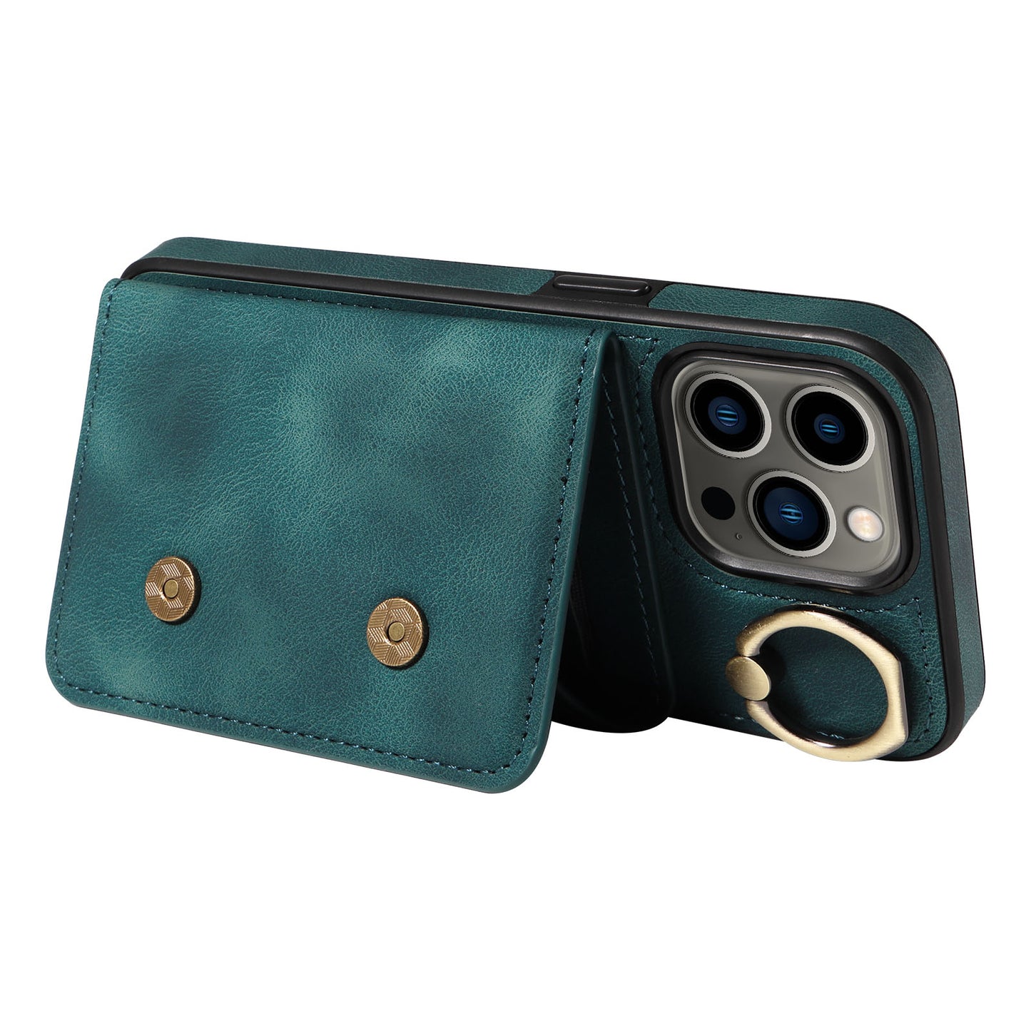 001 For iPhone 13 Pro 6.1 inch Card Holder PU Leather Coated TPU Cover Ring Kickstand Phone Case