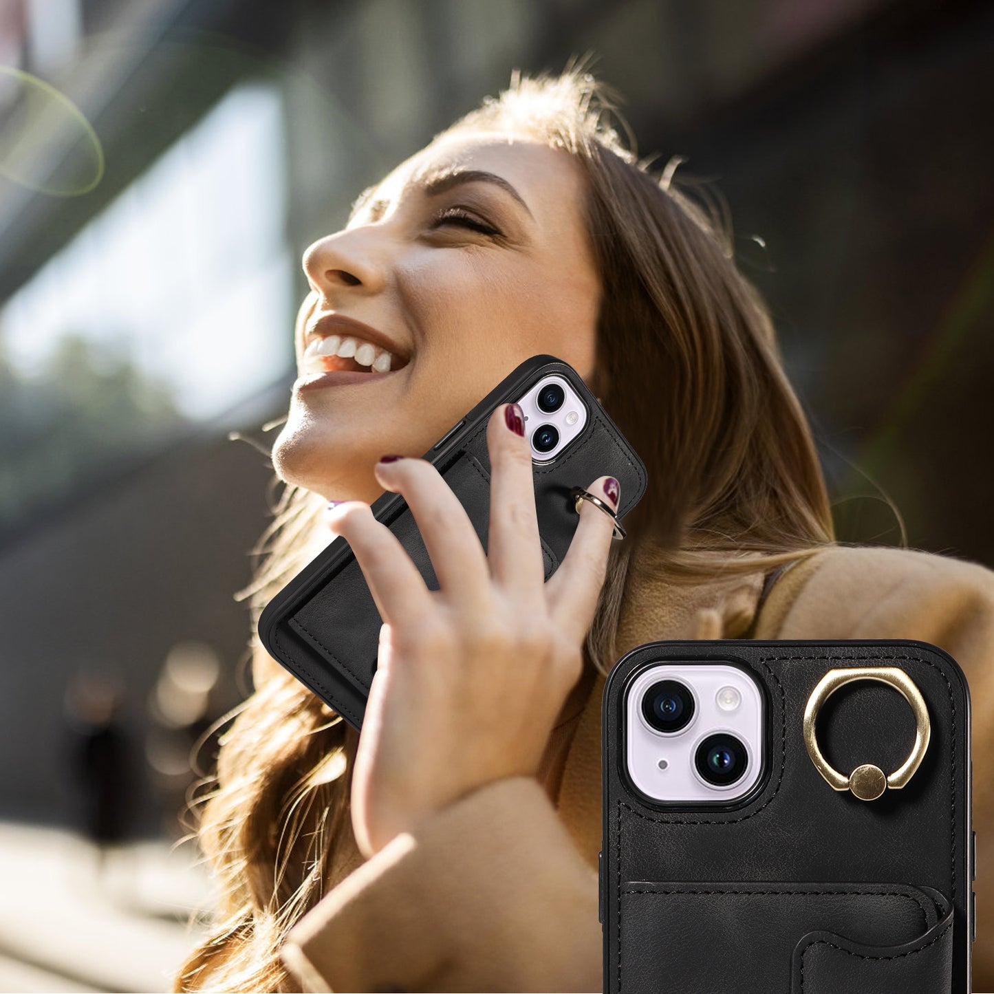 001 For iPhone 14 Card Holder Ring Kickstand Anti-drop Cover PU Leather Coated TPU Phone Case