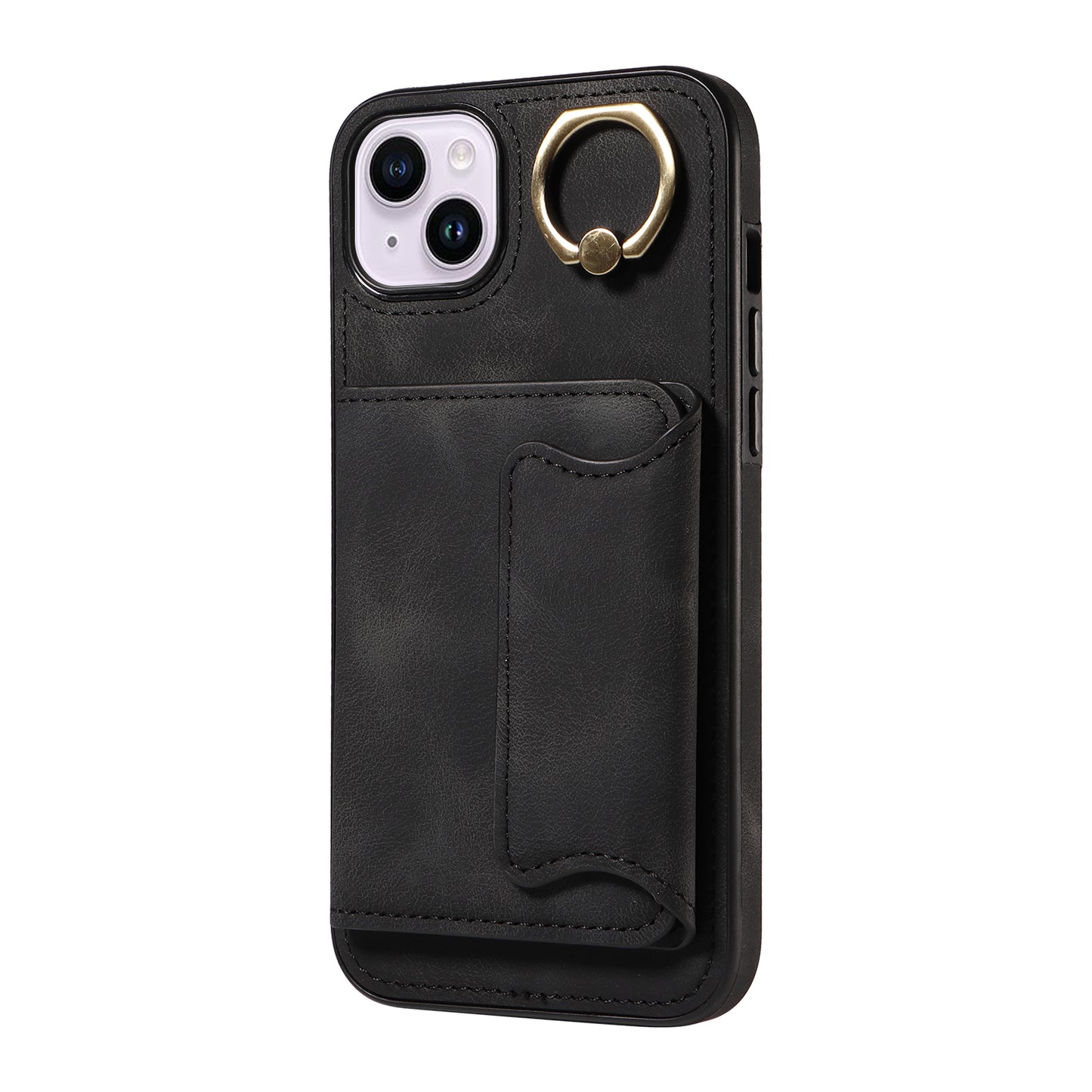 001 For iPhone 14 Card Holder Ring Kickstand Anti-drop Cover PU Leather Coated TPU Phone Case