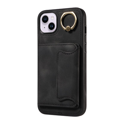 001 For iPhone 14 Card Holder Ring Kickstand Anti-drop Cover PU Leather Coated TPU Phone Case