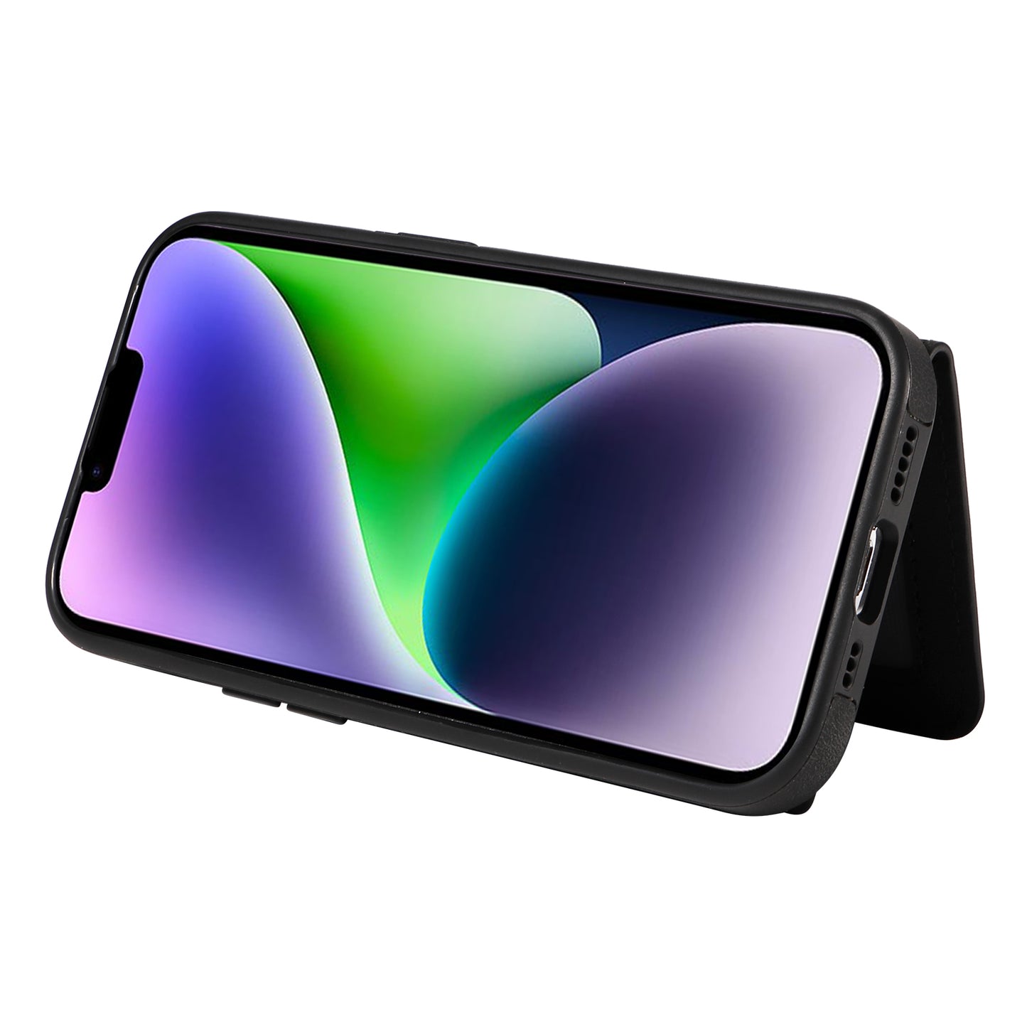 001 For iPhone 14 Card Holder Ring Kickstand Anti-drop Cover PU Leather Coated TPU Phone Case