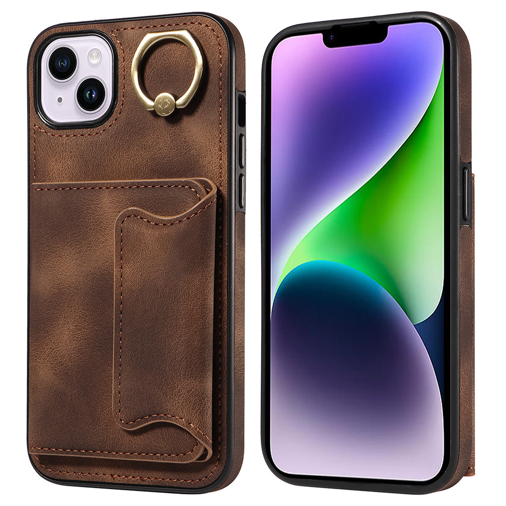 001 For iPhone 14 Card Holder Ring Kickstand Anti-drop Cover PU Leather Coated TPU Phone Case