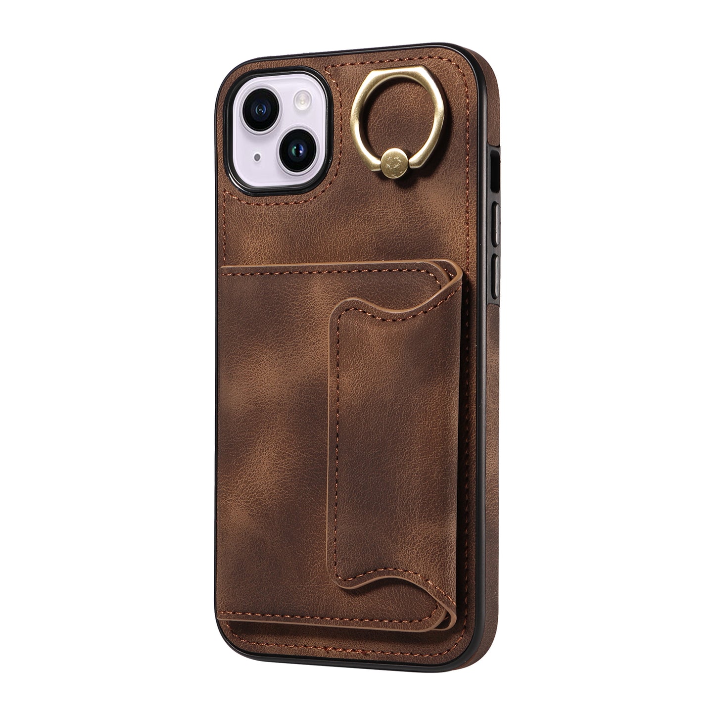 001 For iPhone 14 Card Holder Ring Kickstand Anti-drop Cover PU Leather Coated TPU Phone Case