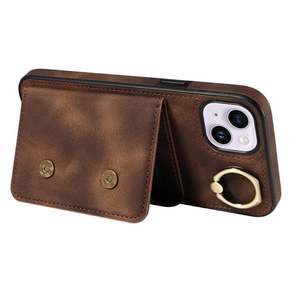 001 For iPhone 14 Card Holder Ring Kickstand Anti-drop Cover PU Leather Coated TPU Phone Case
