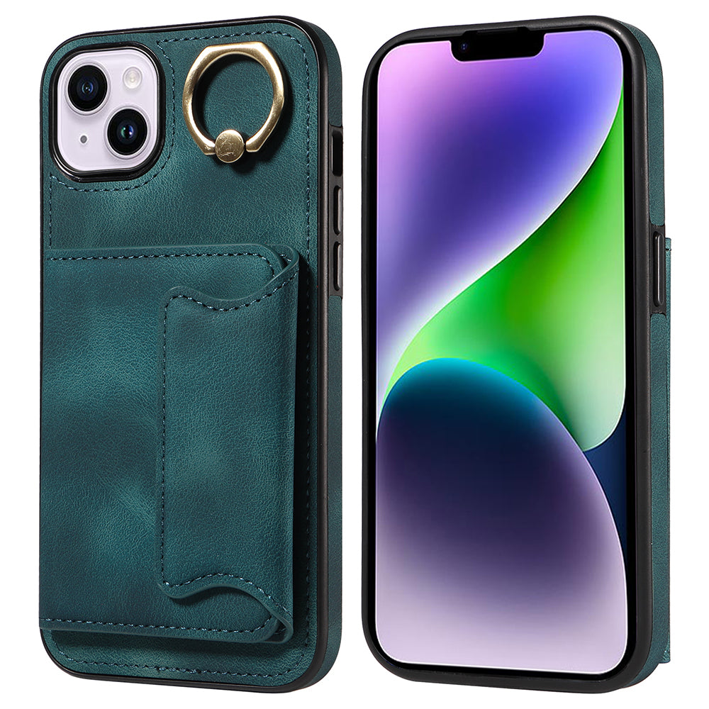 001 For iPhone 14 Card Holder Ring Kickstand Anti-drop Cover PU Leather Coated TPU Phone Case