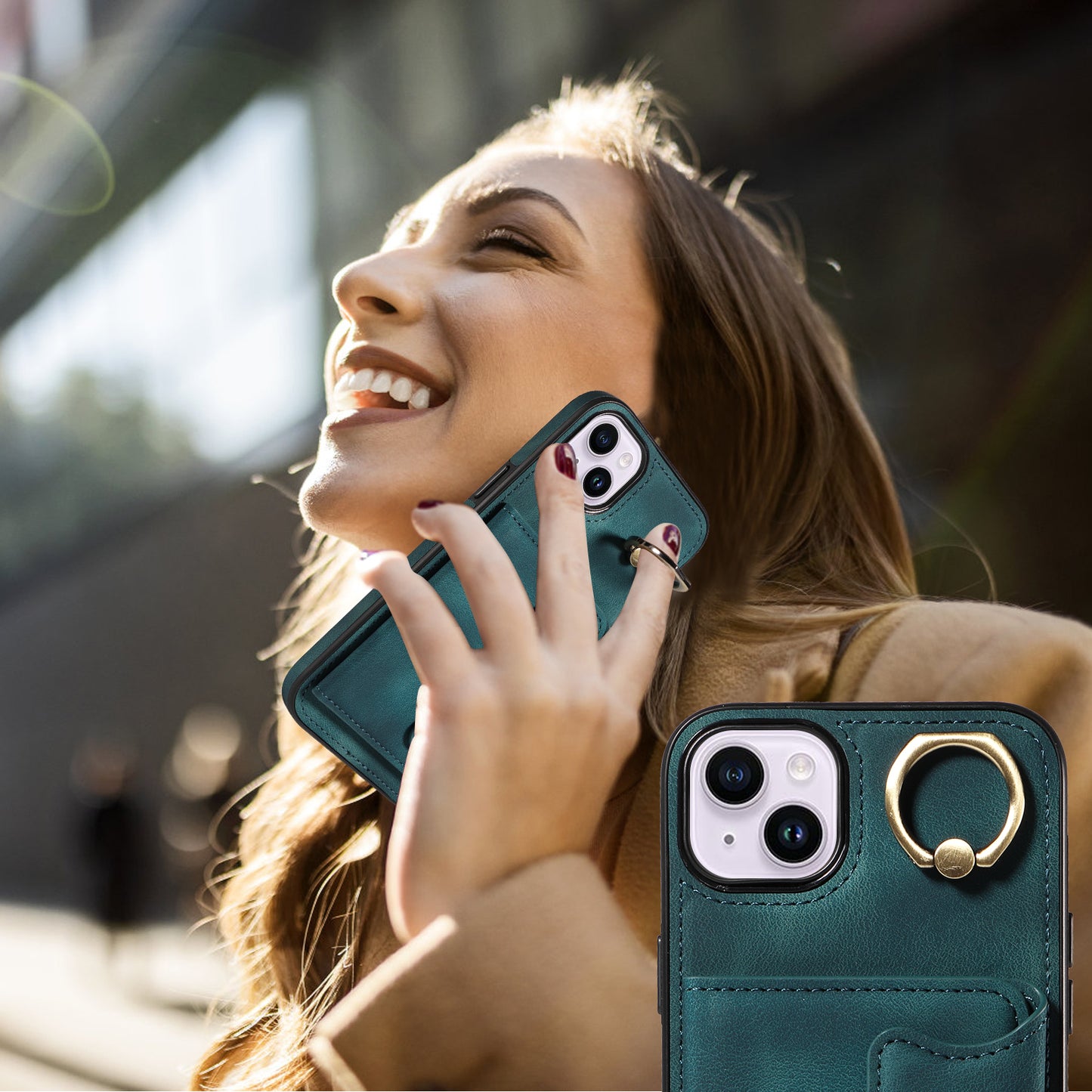 001 For iPhone 14 Card Holder Ring Kickstand Anti-drop Cover PU Leather Coated TPU Phone Case