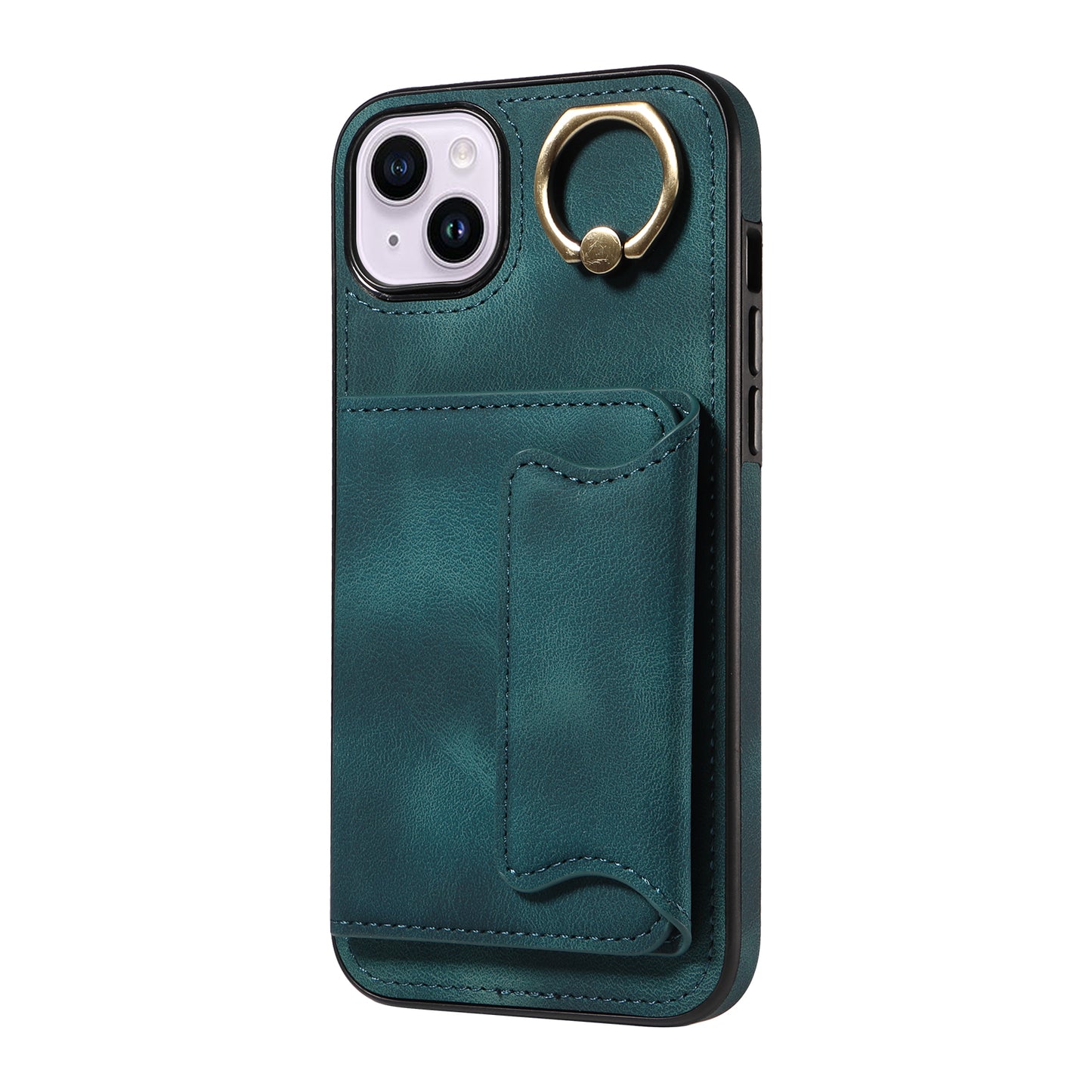 001 For iPhone 14 Card Holder Ring Kickstand Anti-drop Cover PU Leather Coated TPU Phone Case