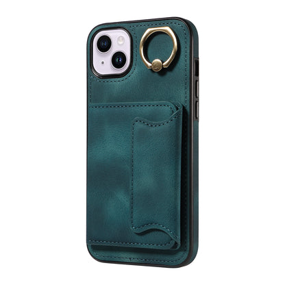 001 For iPhone 14 Card Holder Ring Kickstand Anti-drop Cover PU Leather Coated TPU Phone Case