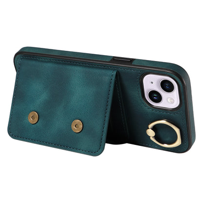 001 For iPhone 14 Card Holder Ring Kickstand Anti-drop Cover PU Leather Coated TPU Phone Case