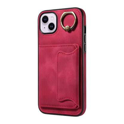 001 For iPhone 14 Card Holder Ring Kickstand Anti-drop Cover PU Leather Coated TPU Phone Case