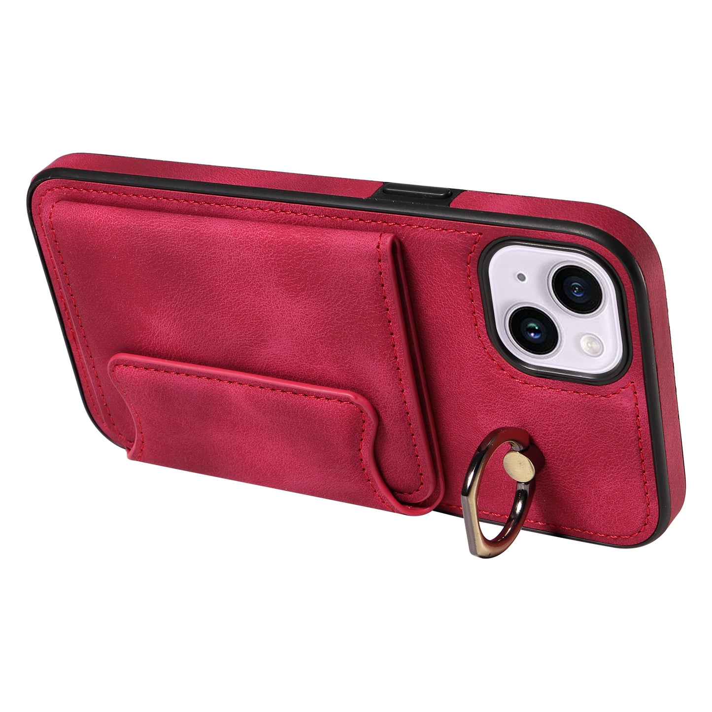 001 For iPhone 14 Card Holder Ring Kickstand Anti-drop Cover PU Leather Coated TPU Phone Case