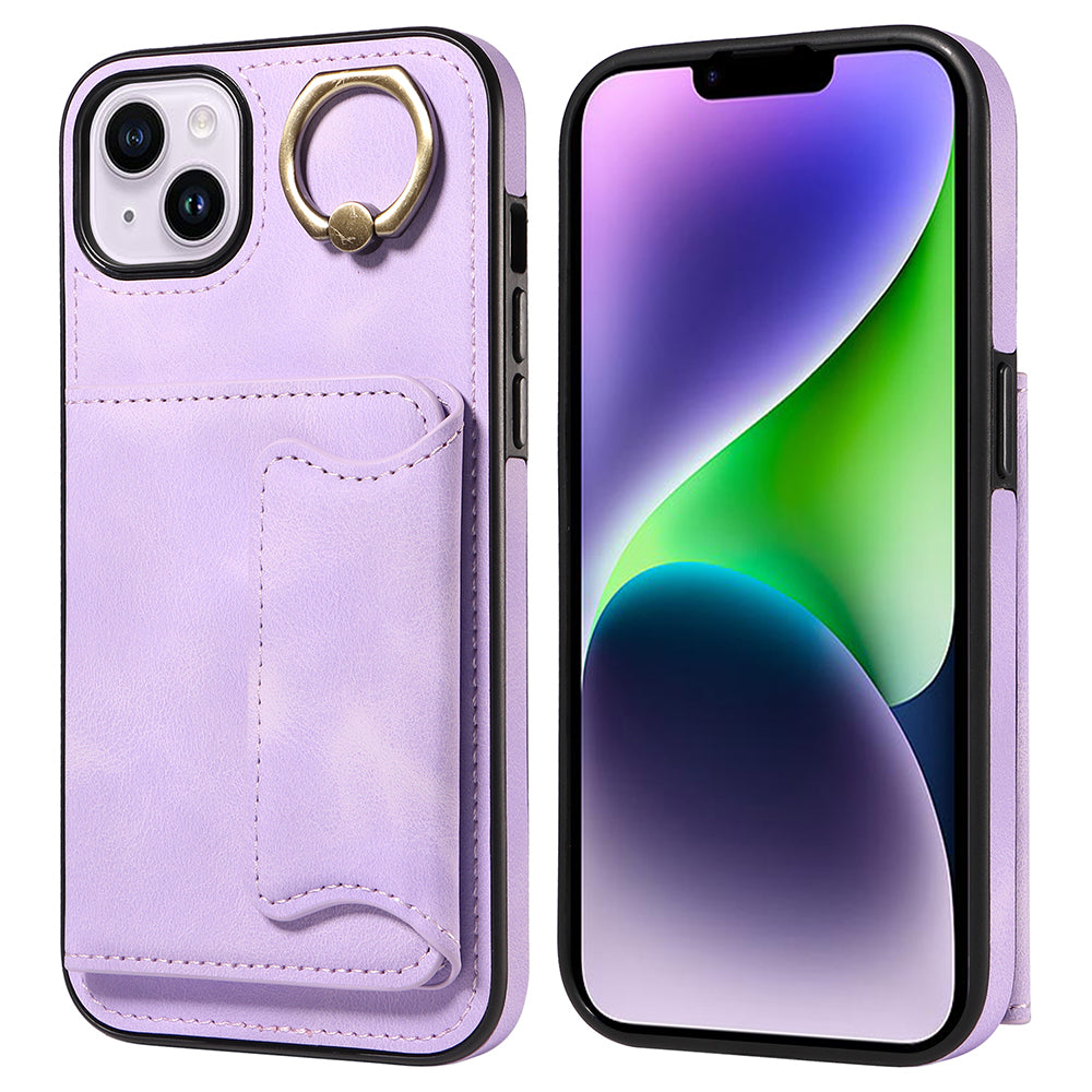001 For iPhone 14 Card Holder Ring Kickstand Anti-drop Cover PU Leather Coated TPU Phone Case
