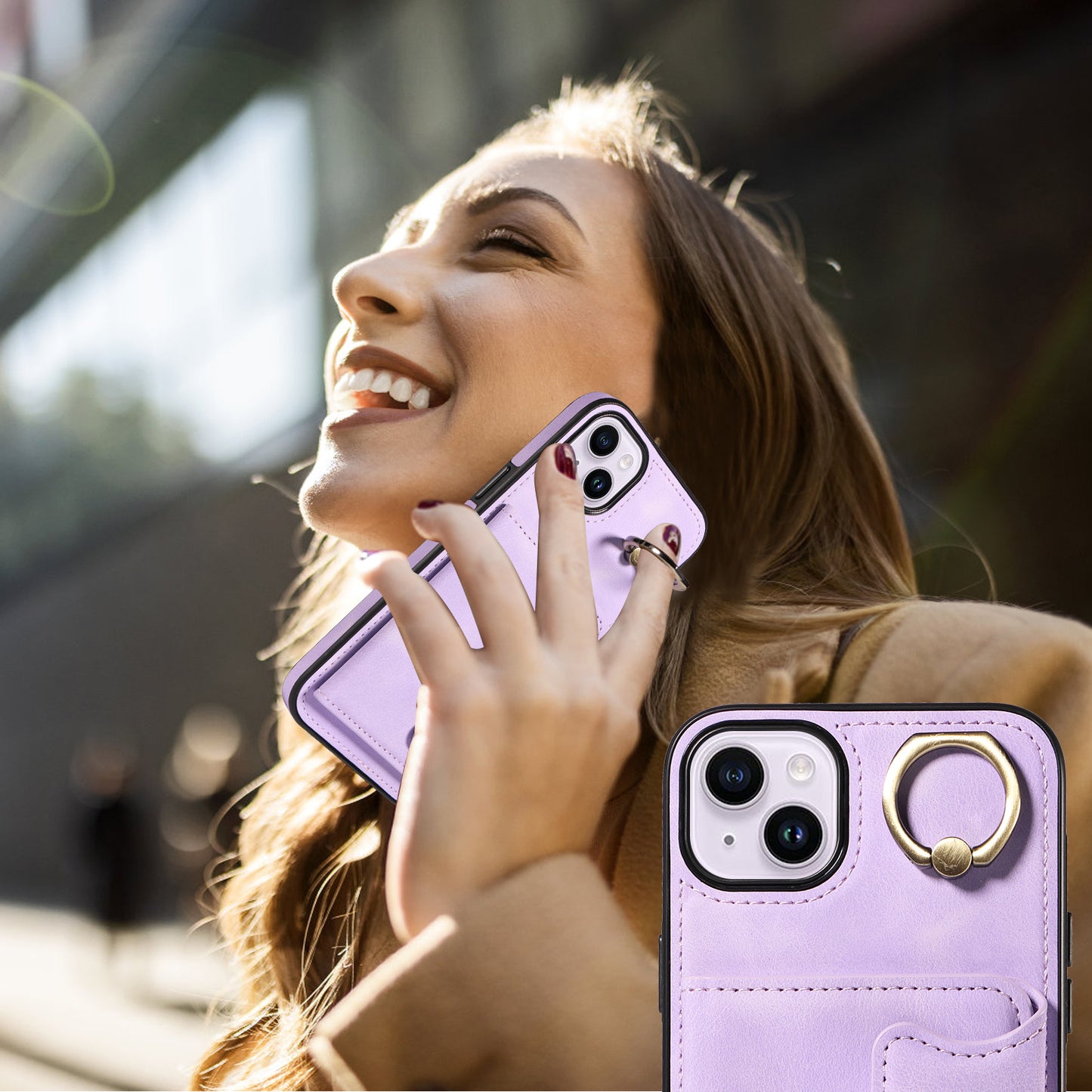 001 For iPhone 14 Card Holder Ring Kickstand Anti-drop Cover PU Leather Coated TPU Phone Case