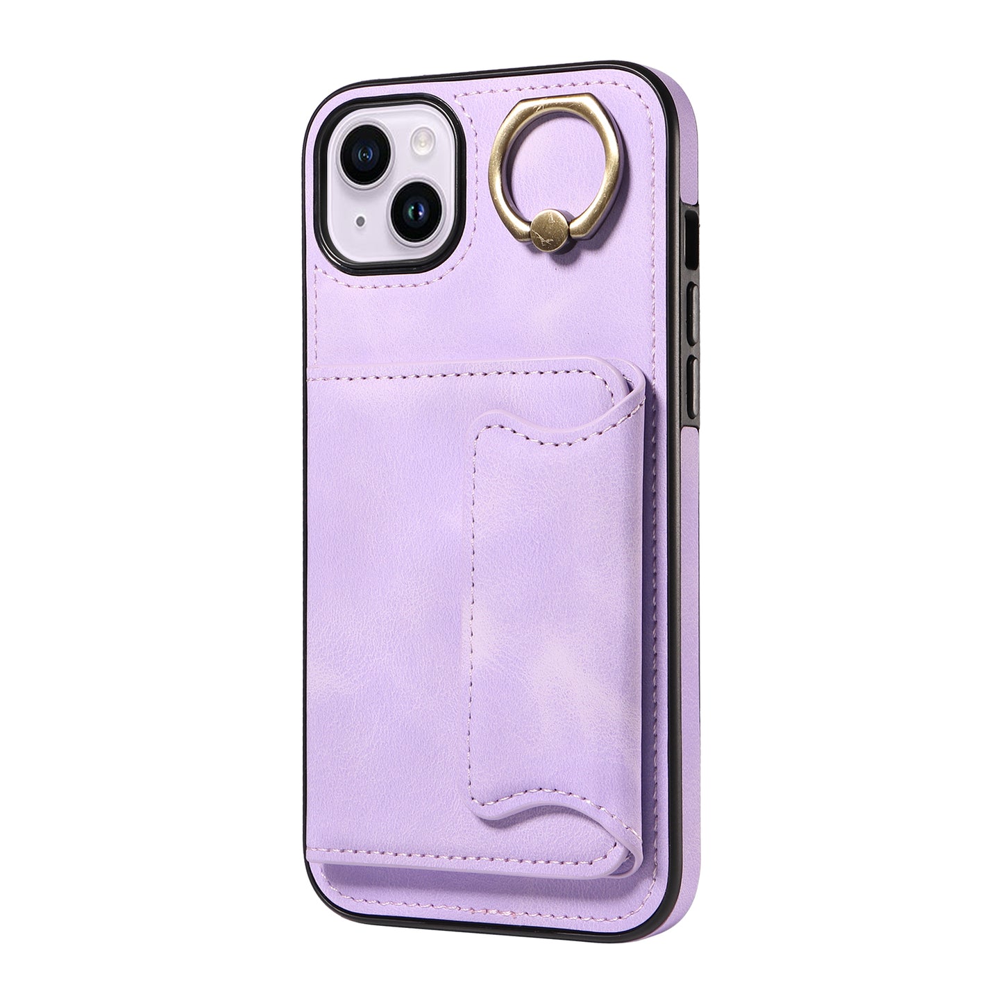 001 For iPhone 14 Card Holder Ring Kickstand Anti-drop Cover PU Leather Coated TPU Phone Case