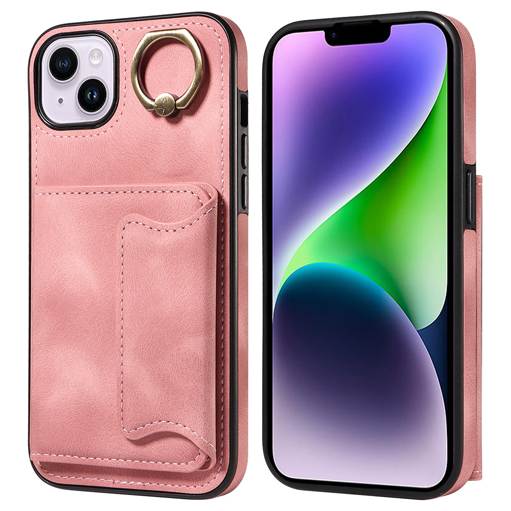 001 For iPhone 14 Card Holder Ring Kickstand Anti-drop Cover PU Leather Coated TPU Phone Case