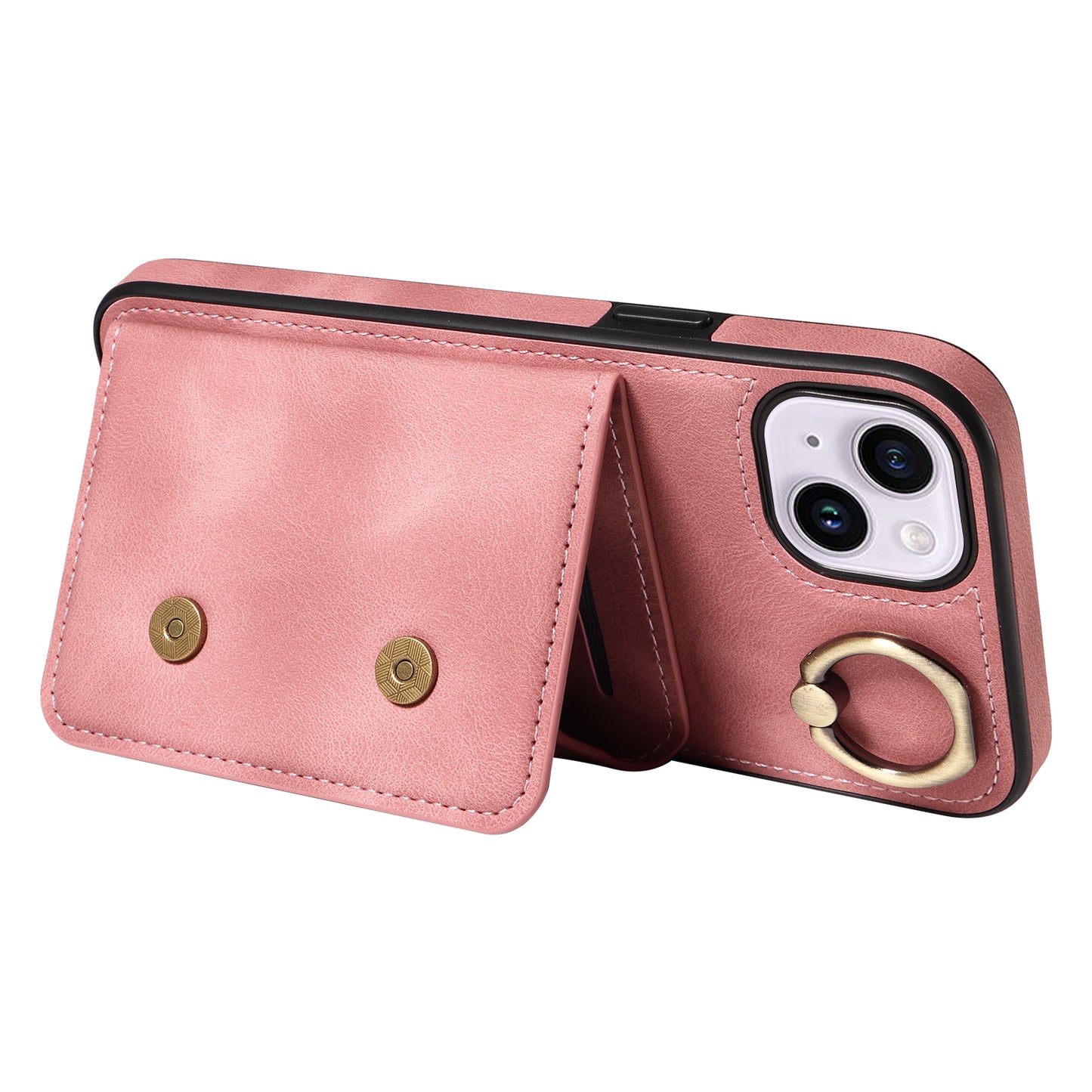 001 For iPhone 14 Card Holder Ring Kickstand Anti-drop Cover PU Leather Coated TPU Phone Case