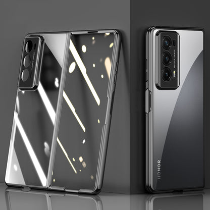 For Honor Magic V2 5G Clear Phone Case Electroplating PC Phone Cover with Tempered Glass Film (Support Fingerprint Unlock)